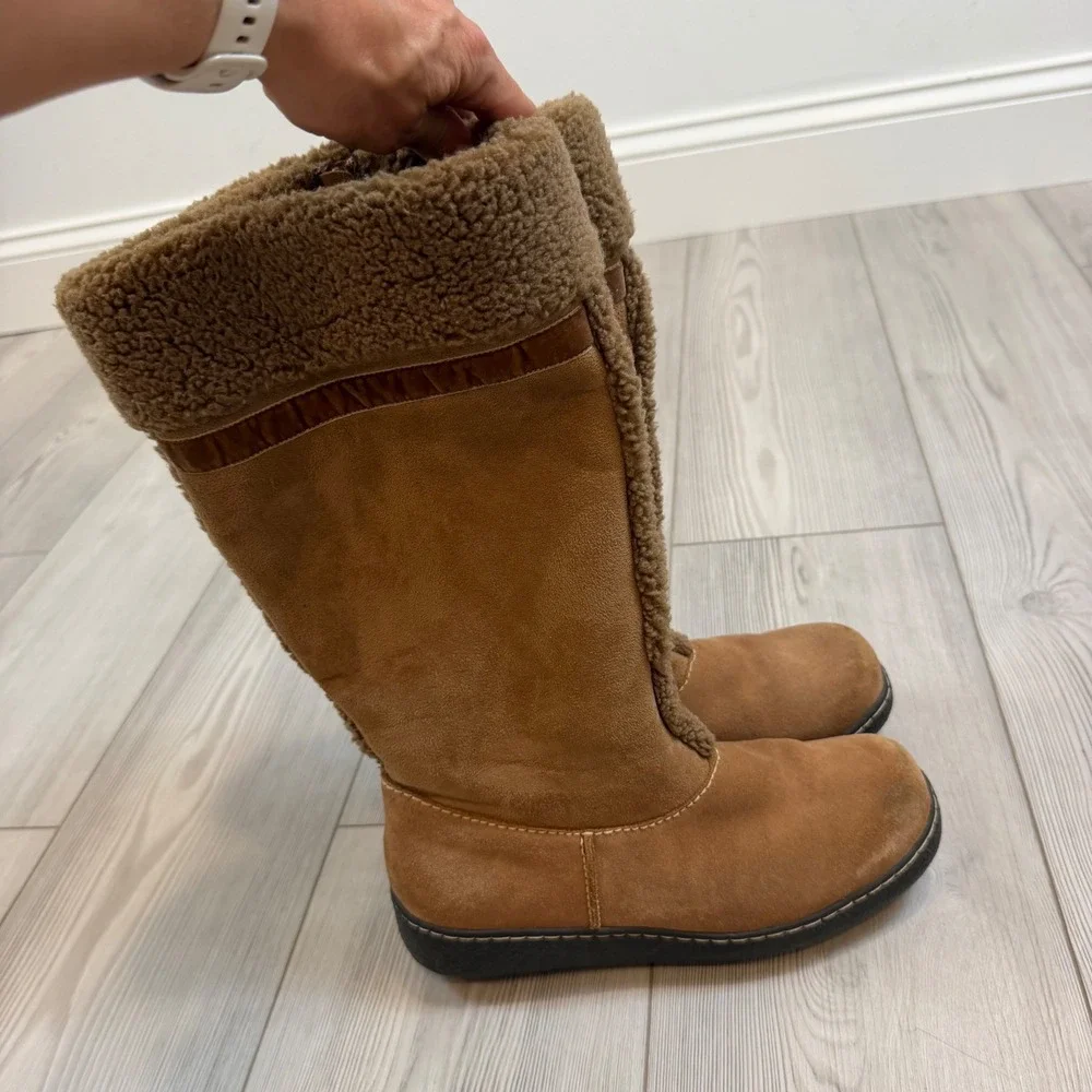 Lands End Womens Tan Suede Faux Shearling Lined Tall Winter Boots Size 8B 176999